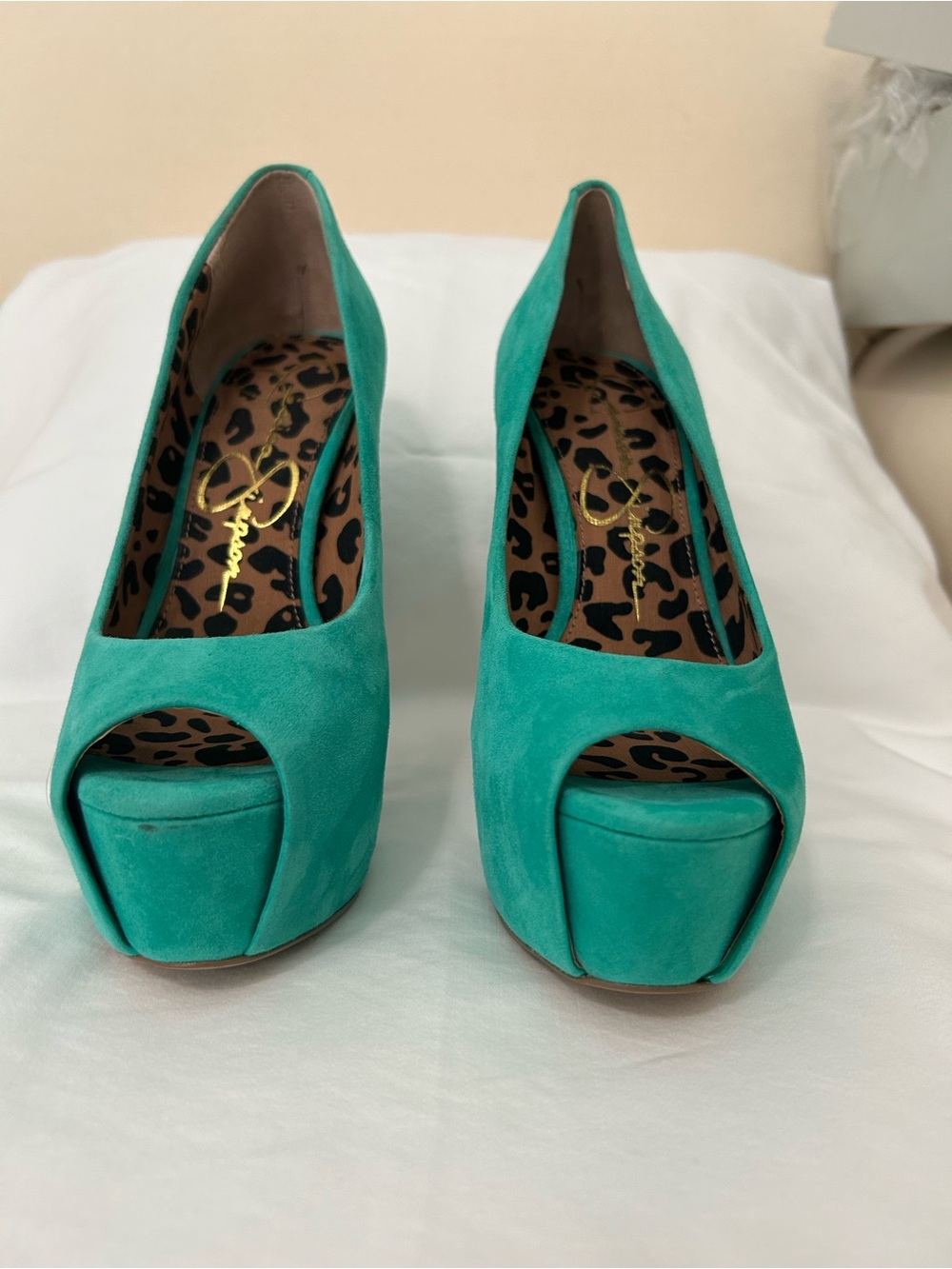 Jessica Simpson Carri Palmetto Green Suede Platform Peep Toe Heels 5M - Picture 2 of 13